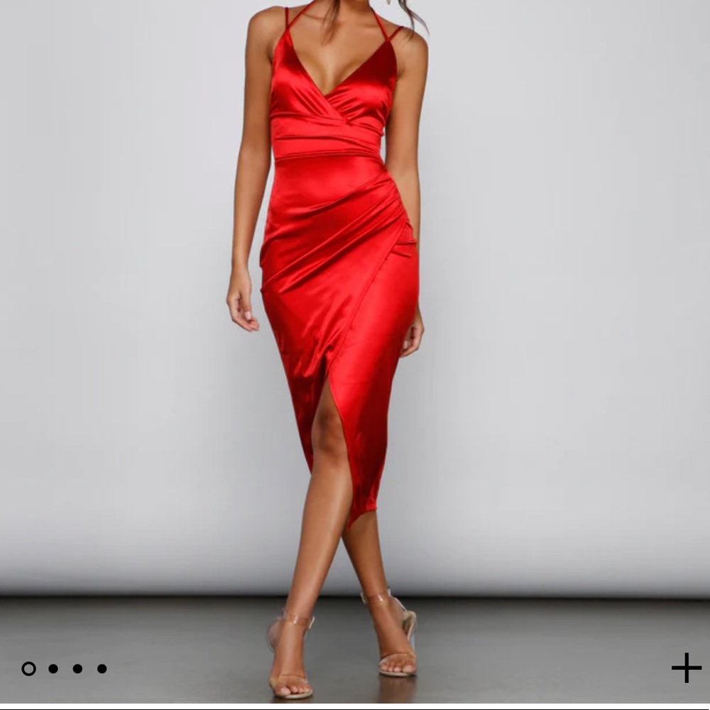 Red wrap satin dress